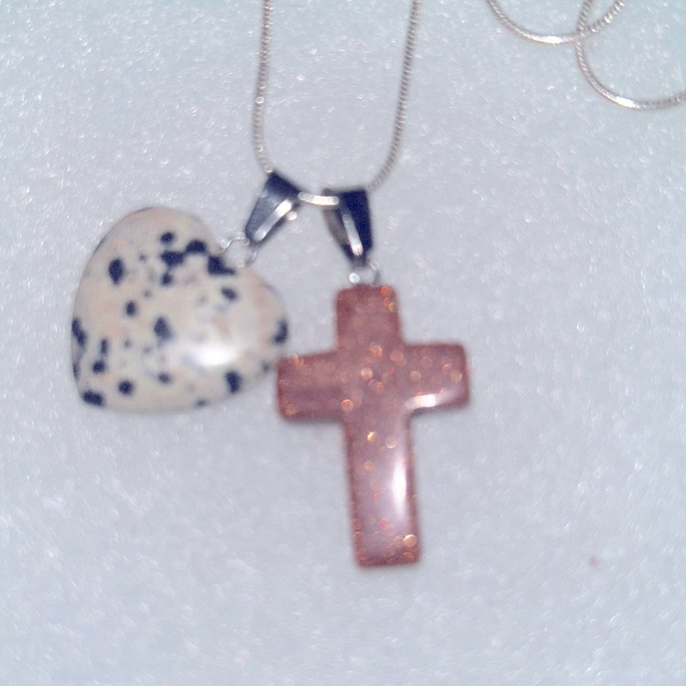 Boho Hippie Tigers Eye Cross Dalmatian Jasper Heart Sterling Silver Necklace 16”
